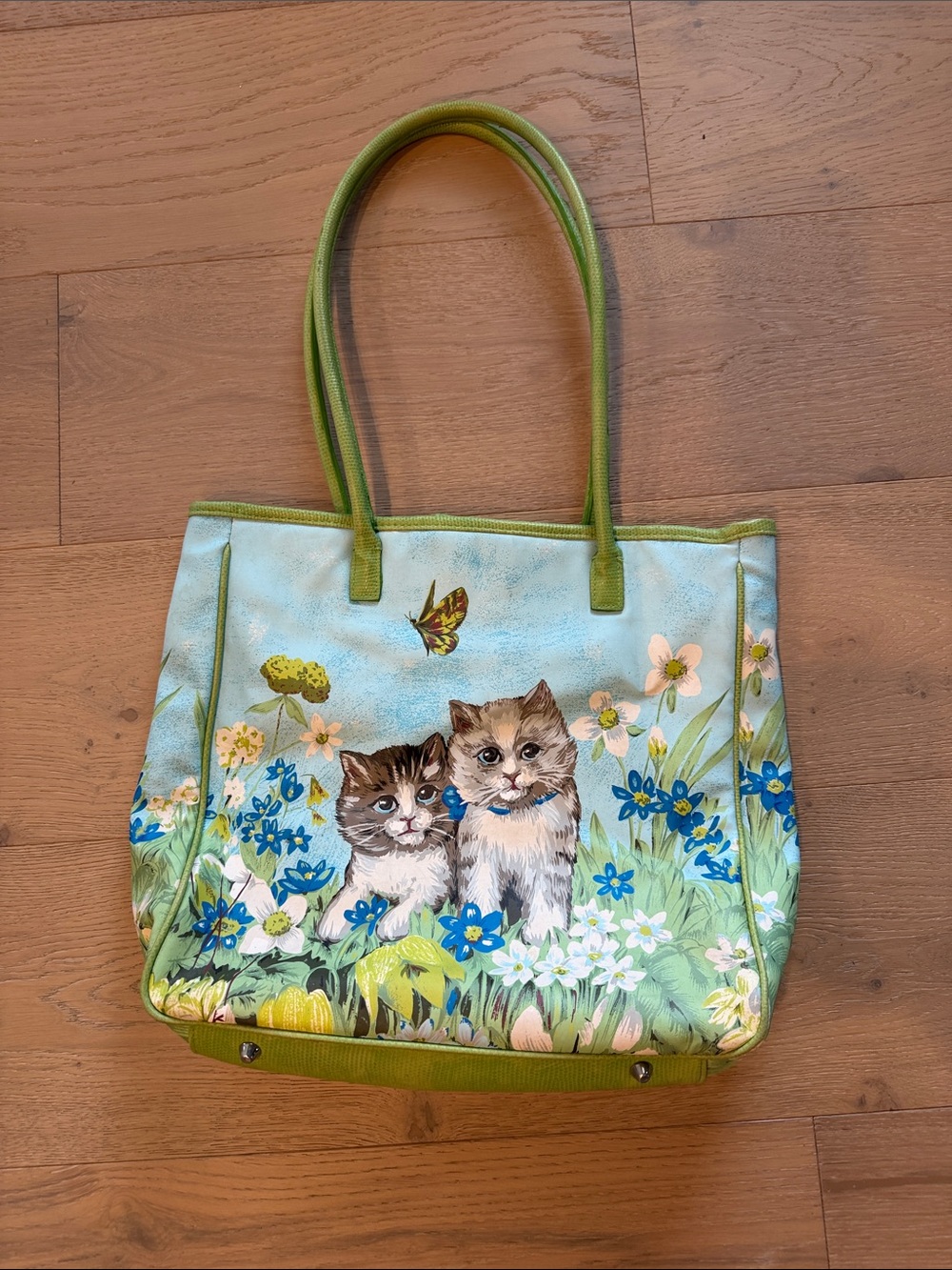 Vintage Gingham Lined Kitten & Floral Tote Bag